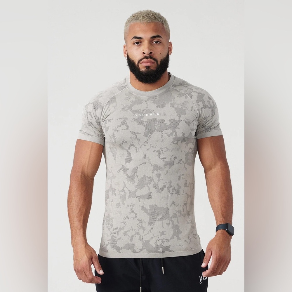 Mens YoungLA 437 Digital Pattern Compression Tee T-Shirt - Light Grey Size Large